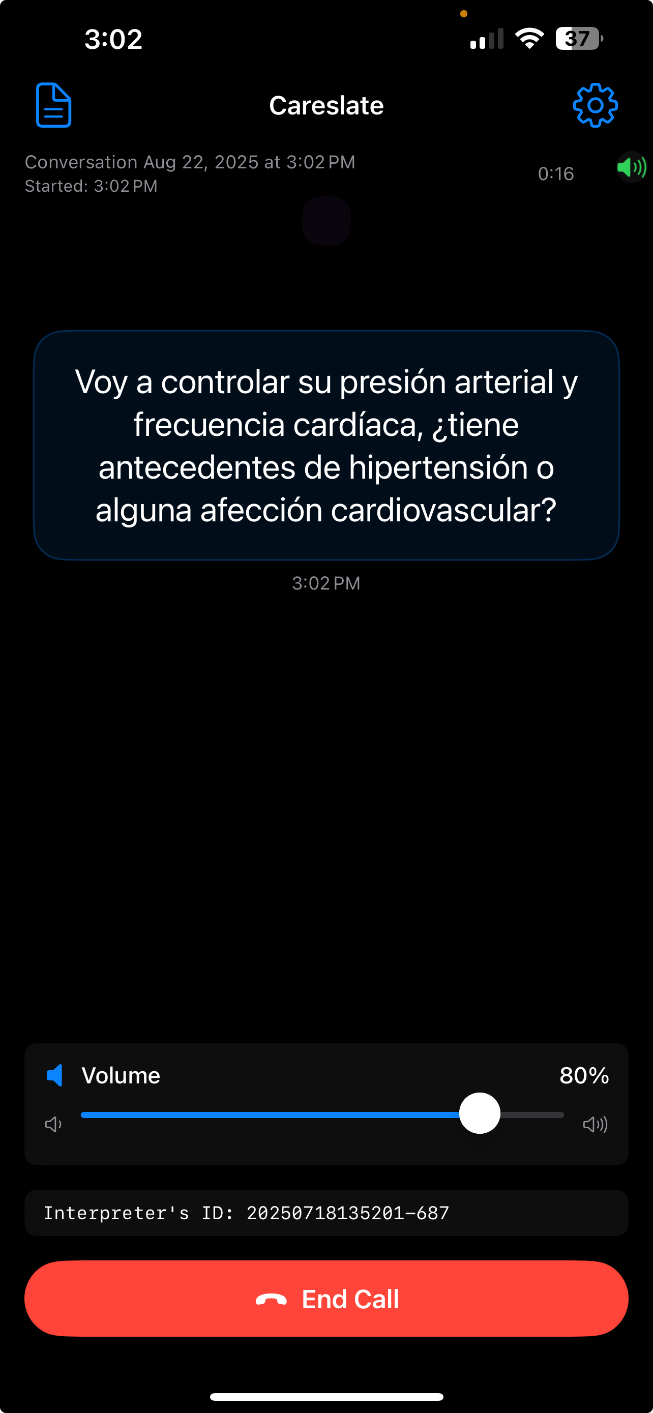 Aneslate app showing real-time medical translation from Spanish to English